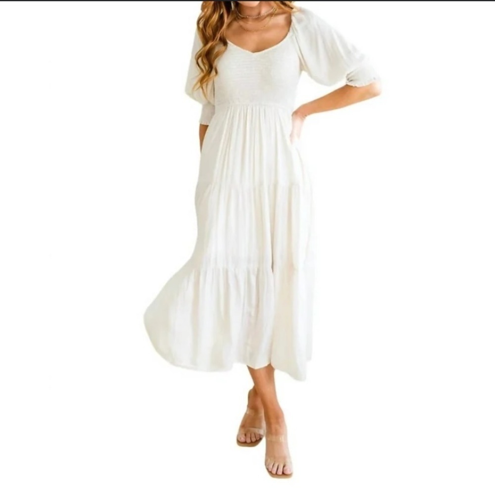 Mittoshop Bellisima Elegant White Puff Sleeve Dress 20171
